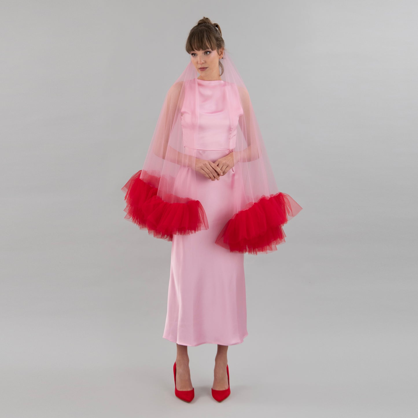 Rose Pink and Red Ruffle Veil