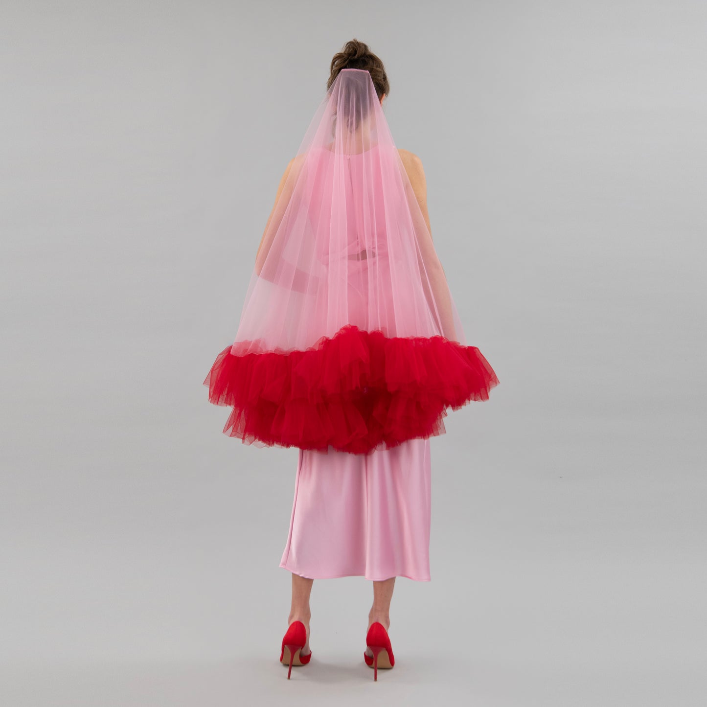 Rose Pink and Red Ruffle Veil