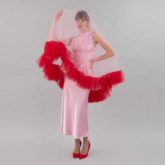 Rose Pink and Red Ruffle Veil