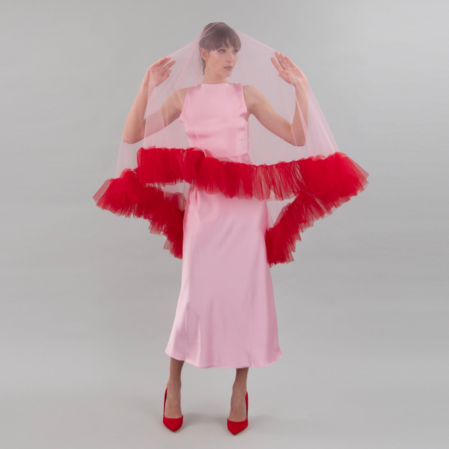 Rose Pink and Red Ruffle Veil