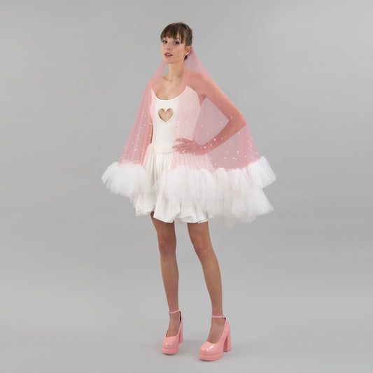 Dusty Pink Ruffle Pearl and Rhinestone Veil