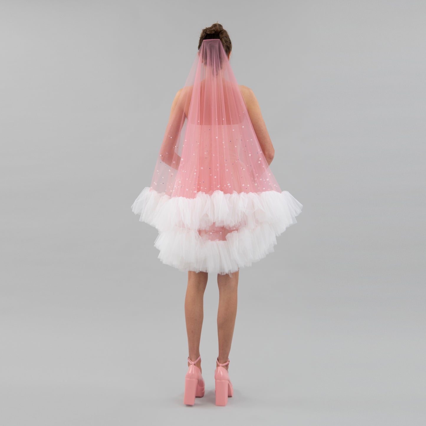 Dusty Pink Ruffle Pearl and Rhinestone Veil
