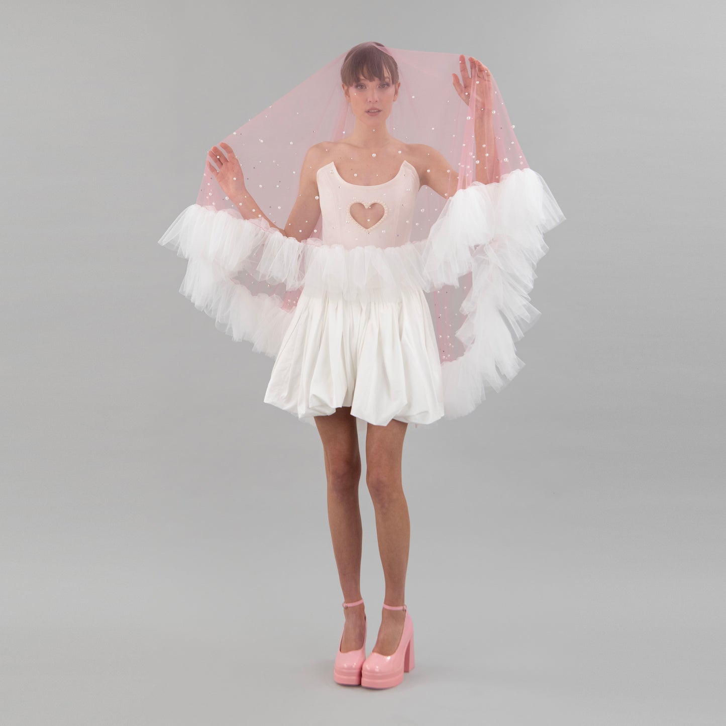 Dusty Pink Ruffle Pearl and Rhinestone Veil