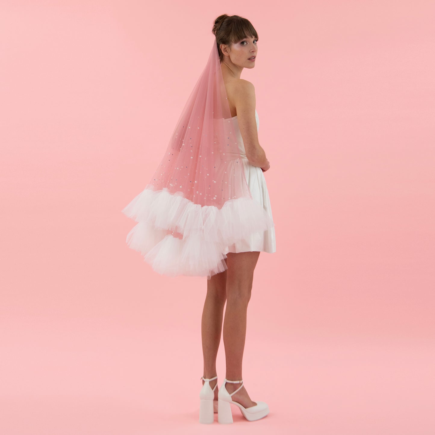 Dusty Pink Ruffle Pearl and Rhinestone Veil