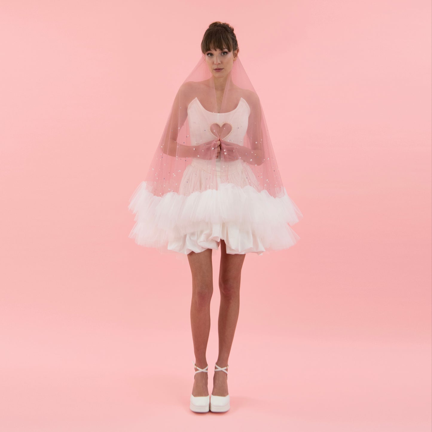 Dusty Pink Ruffle Pearl and Rhinestone Veil