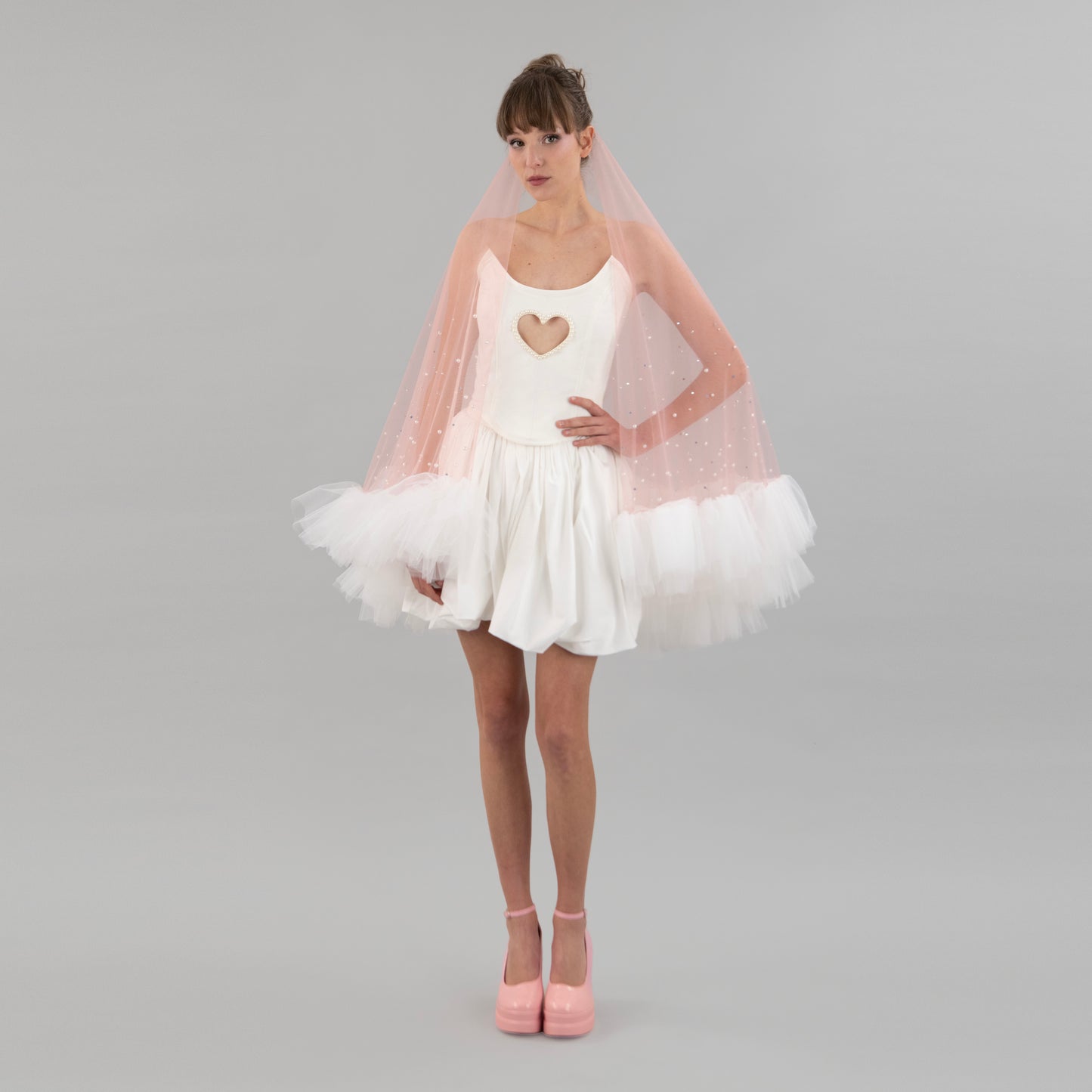 Blush Pink Ruffle Pearl and Rhinestone Veil