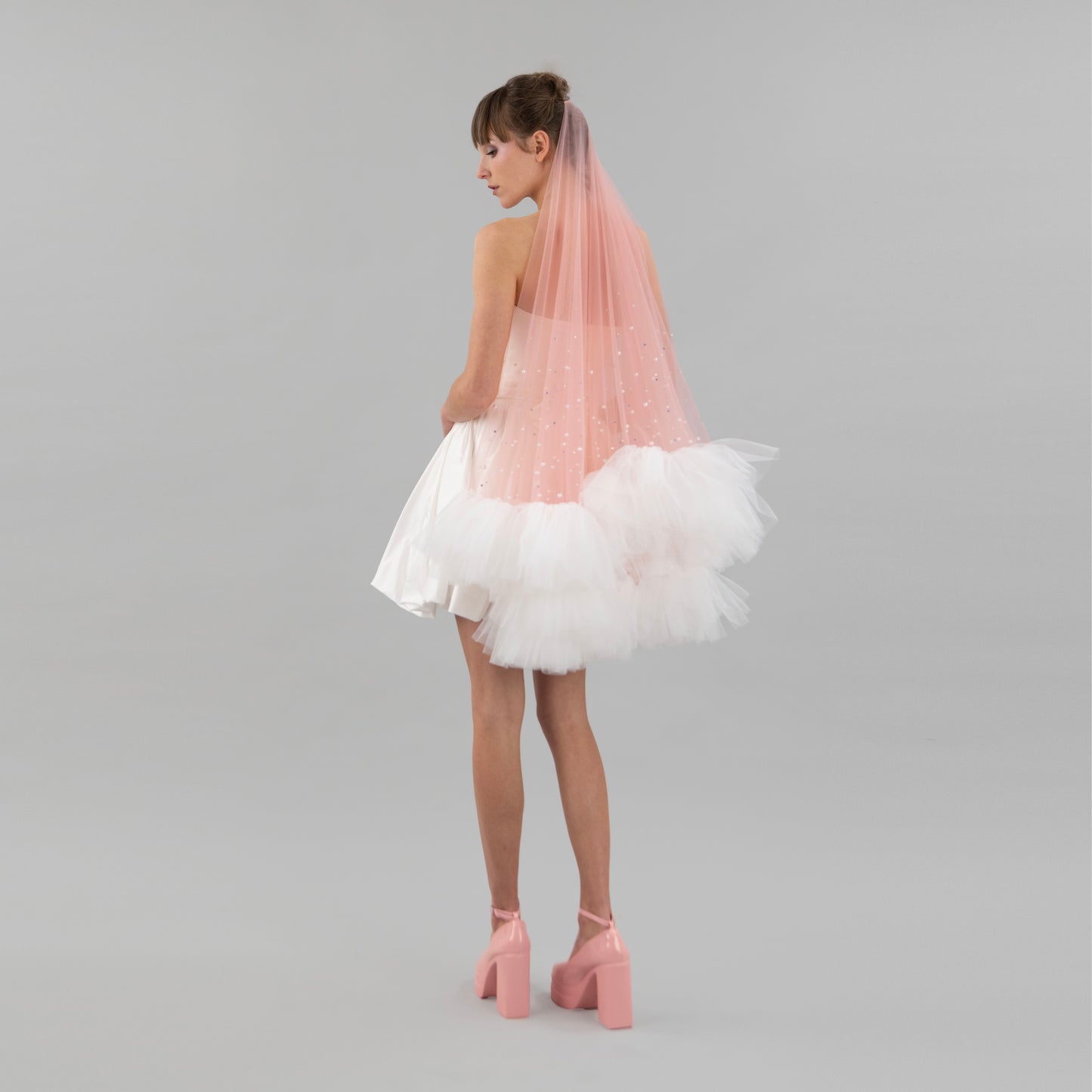 Blush Pink Ruffle Pearl and Rhinestone Veil