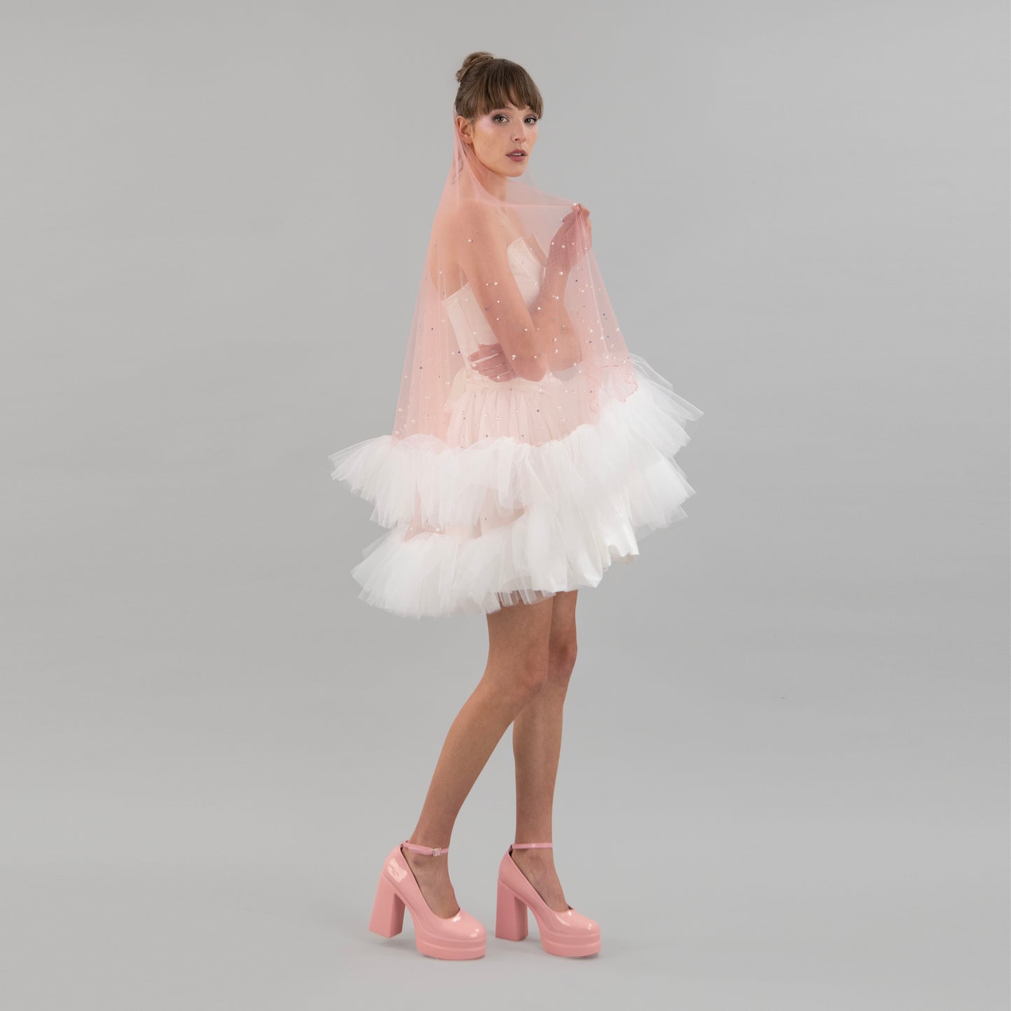 Blush Pink Ruffle Pearl and Rhinestone Veil