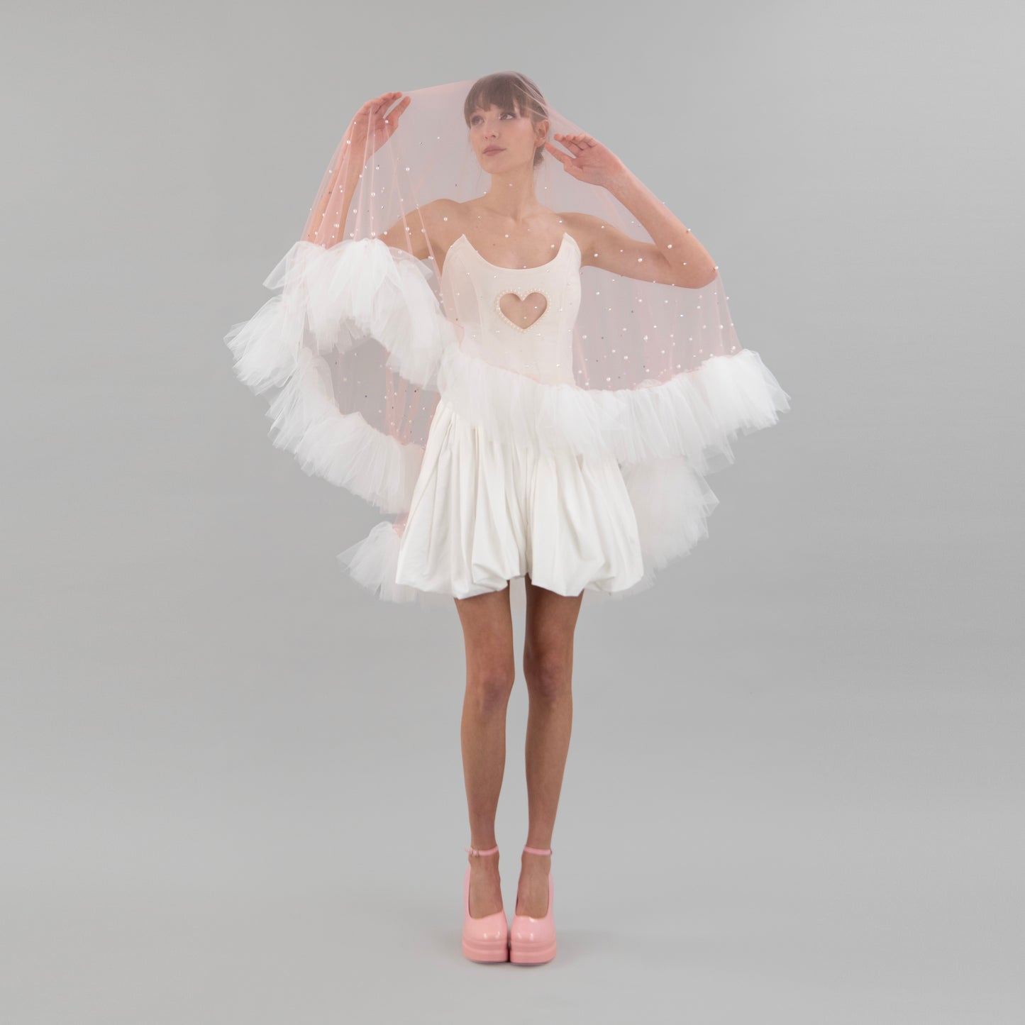 Blush Pink Ruffle Pearl and Rhinestone Veil