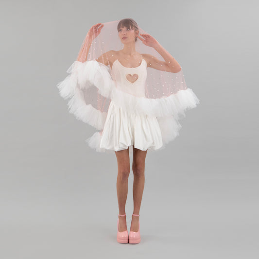 Blush Pink Ruffle Pearl and Rhinestone Veil