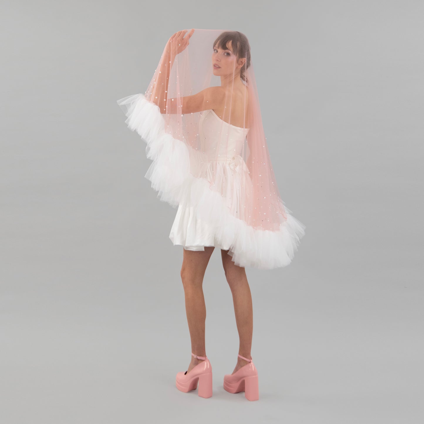 Blush Pink Ruffle Pearl and Rhinestone Veil