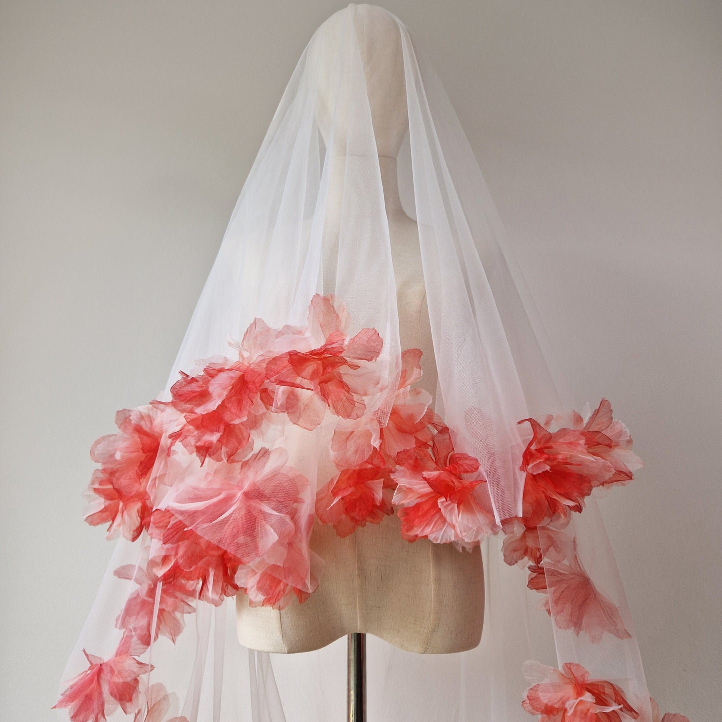 Ivory and Red Organza Fluff Flower Veil