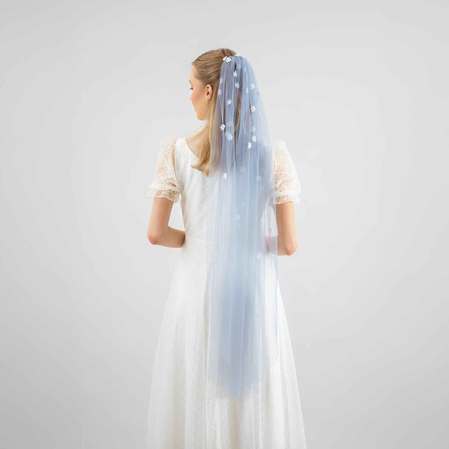 Dusty Blue Cascading 3D Flower Veil