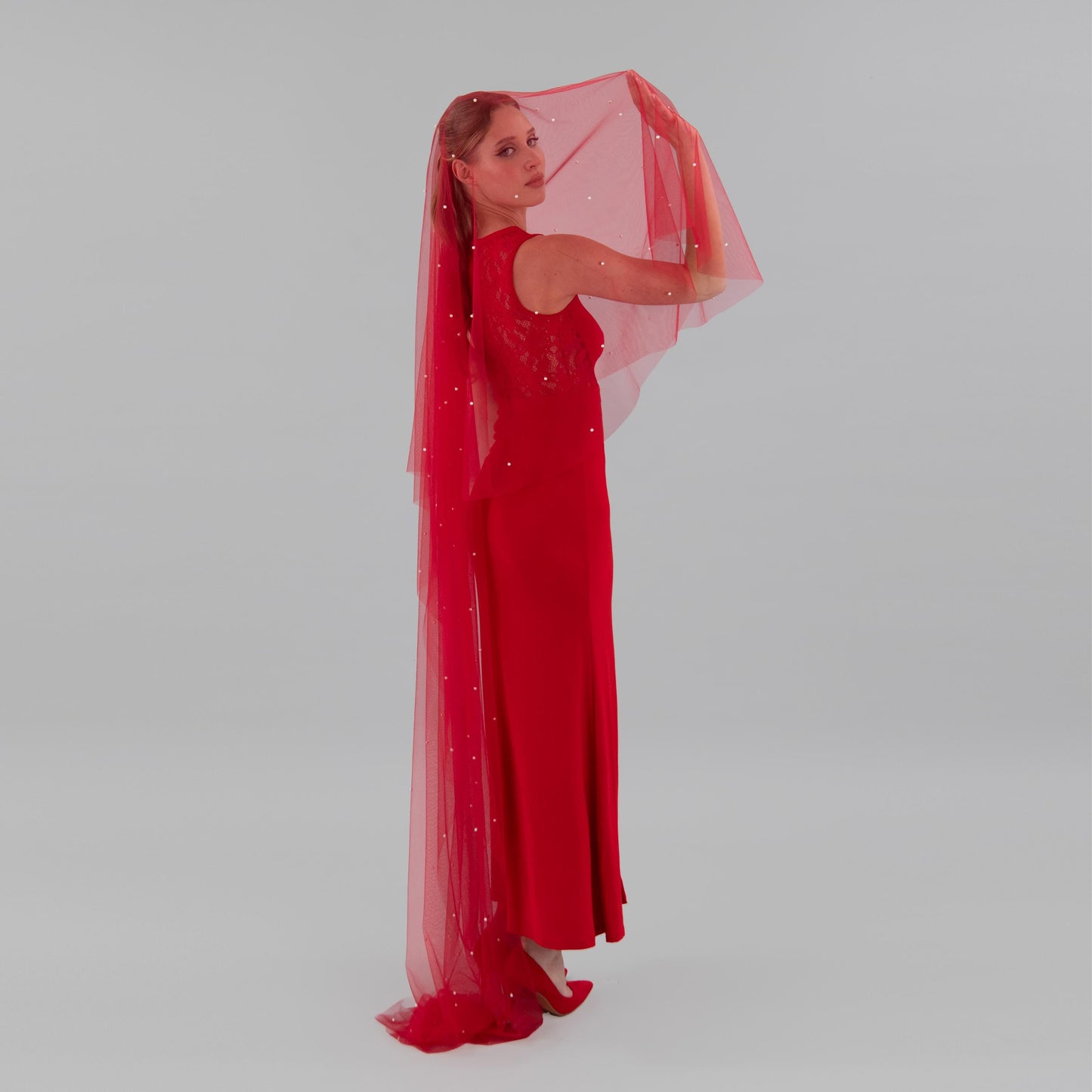 Rose Red Pearl Blusher Veil