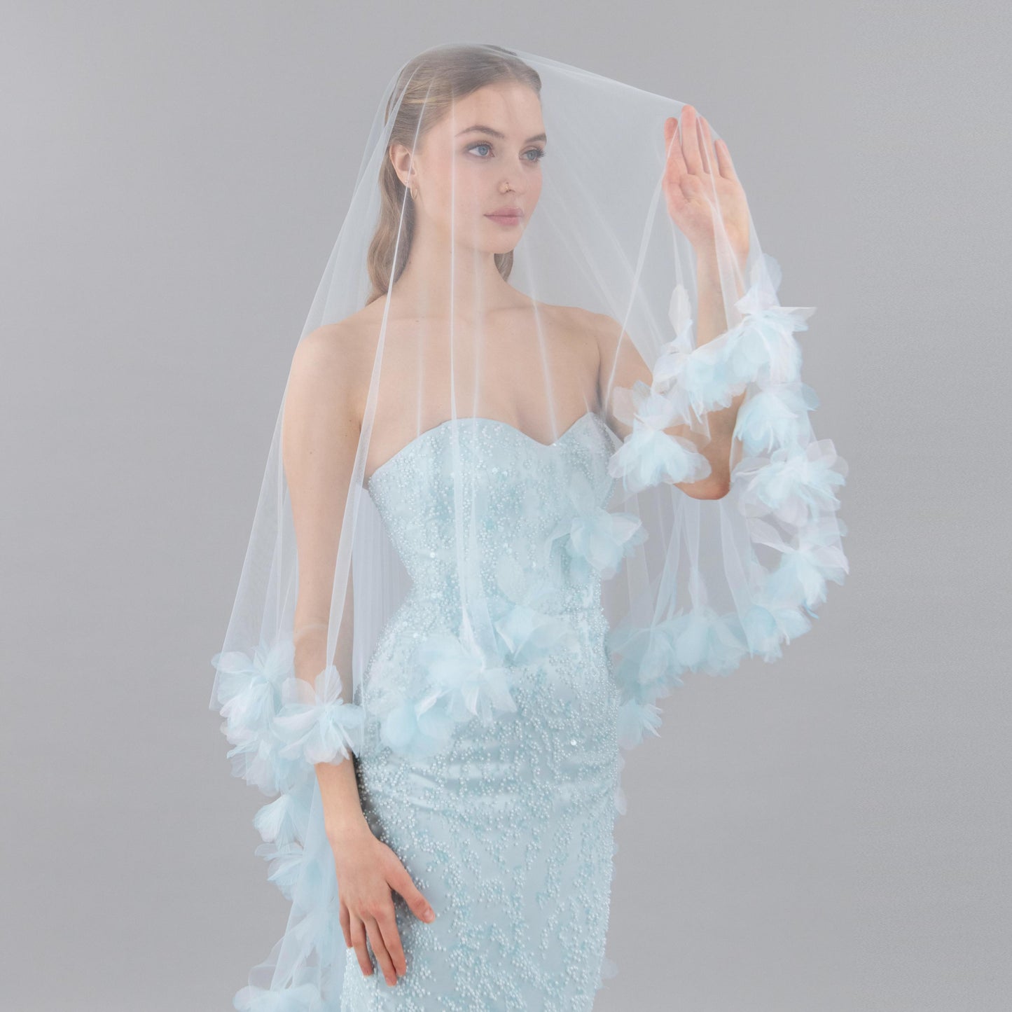 Baby Blue Organza Fluff Flower Veil
