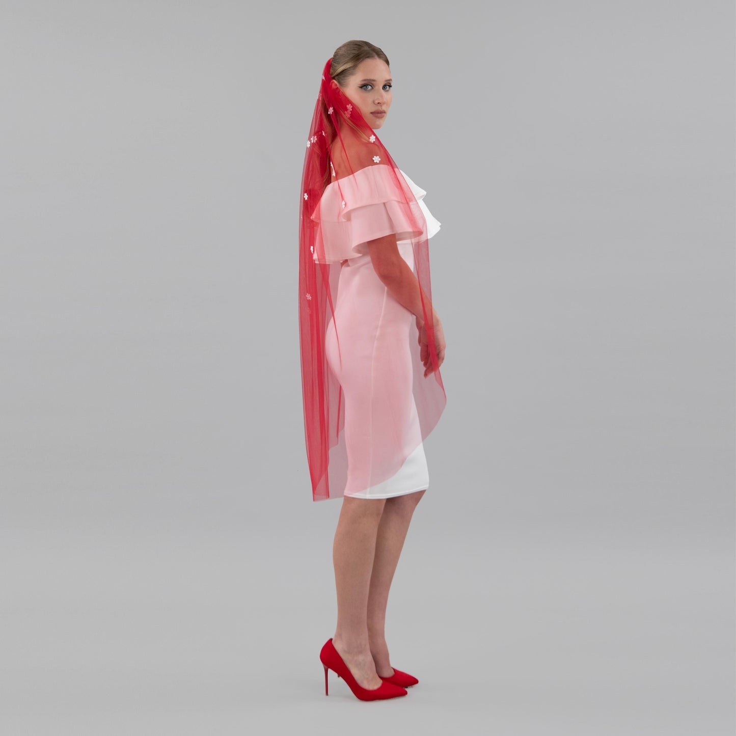 Rose Red Cascading 3D Flower Veil