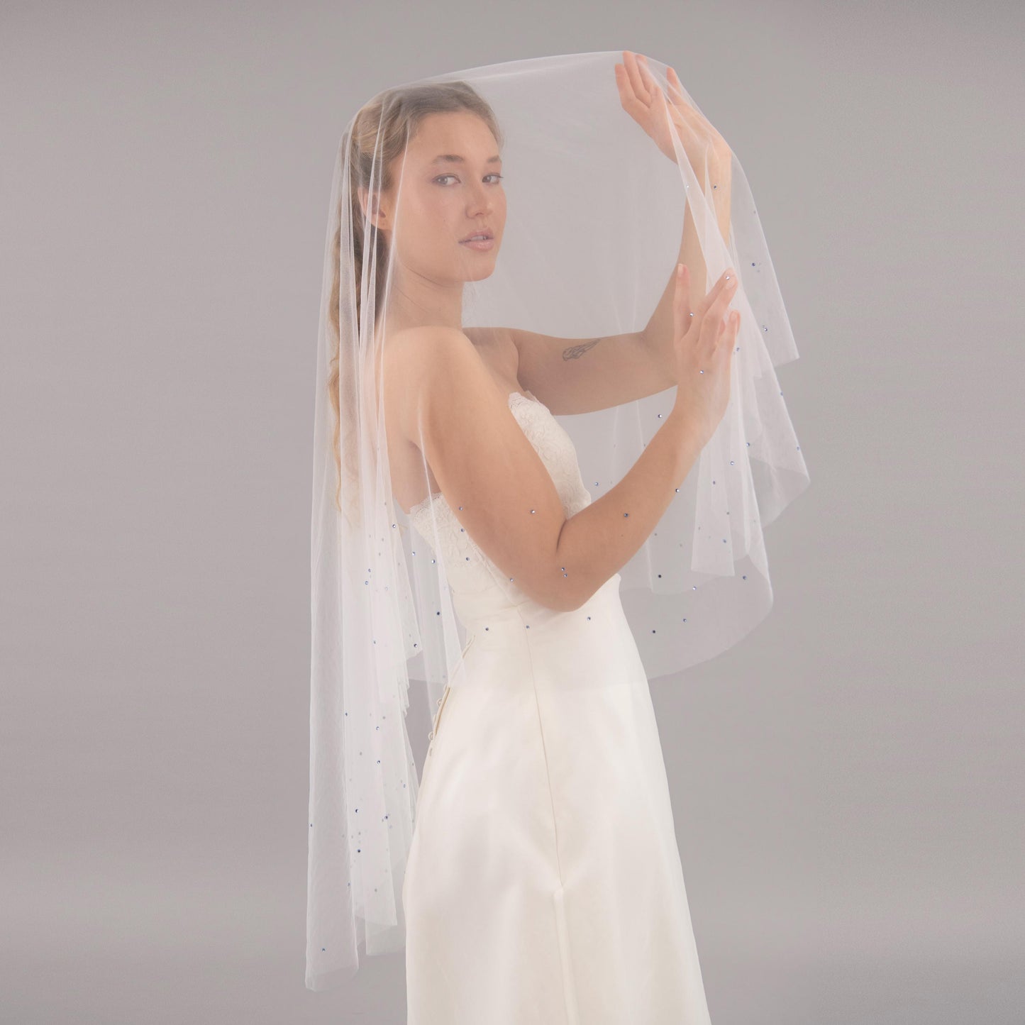 Ivory Blue Rhinestone Edge Blusher Veil