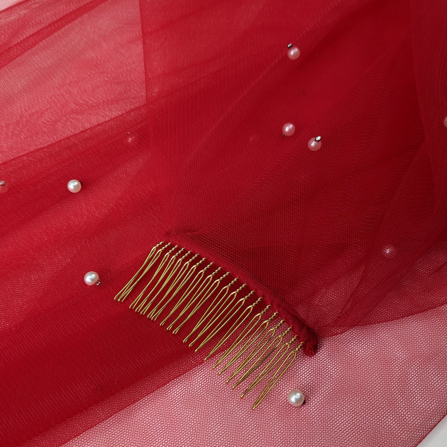 Rose Red Pearl Blusher Veil