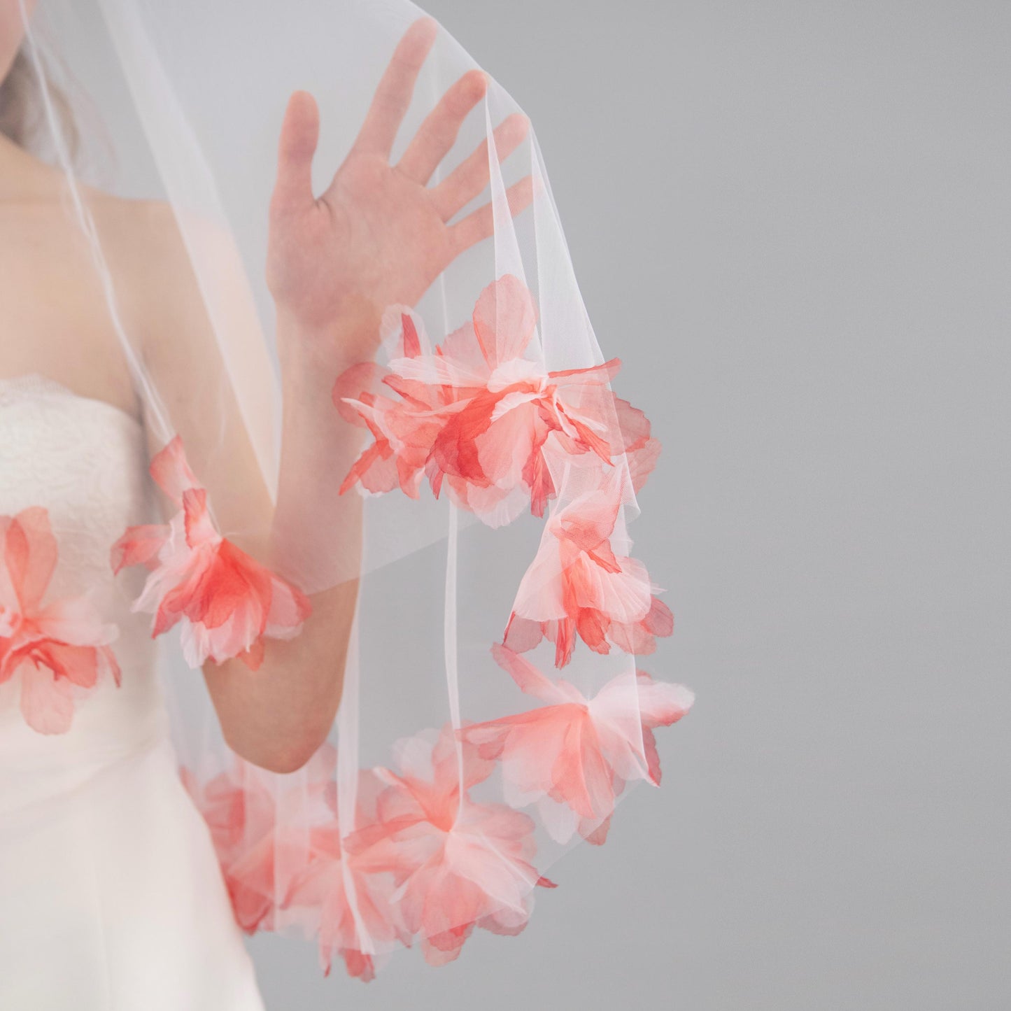 Ivory and Red Organza Fluff Flower Veil