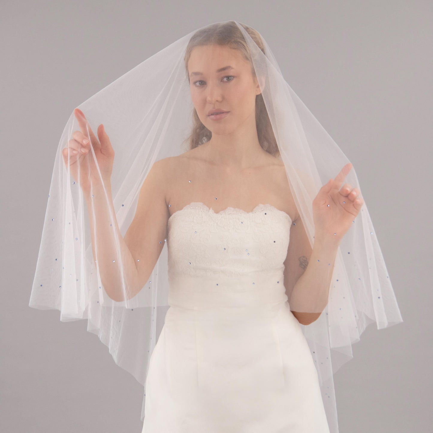 Ivory Blue Rhinestone Edge Blusher Veil