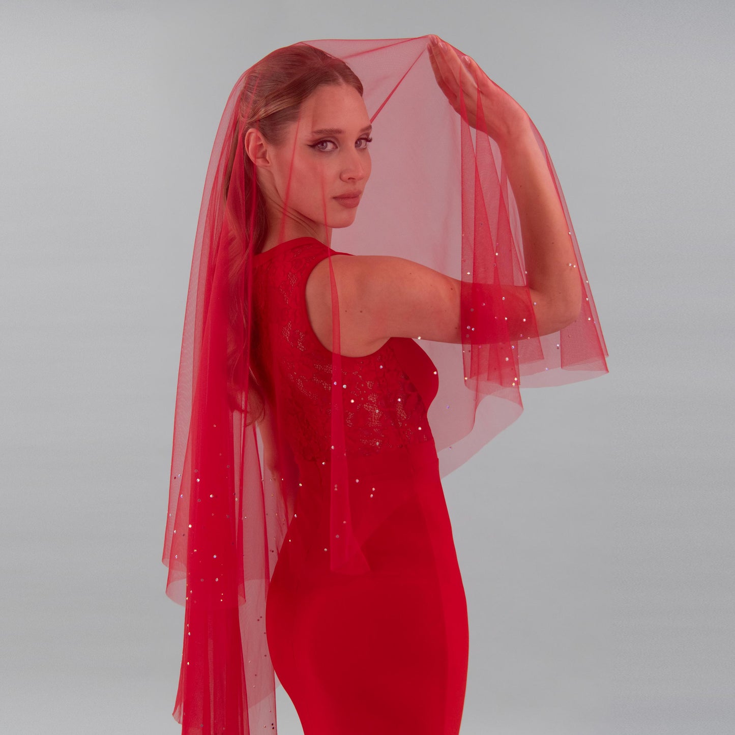 Rose Red Irridecent Rhinestone Edge Blusher Veil