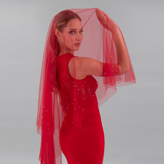 Rose Red Irridecent Rhinestone Edge Blusher Veil