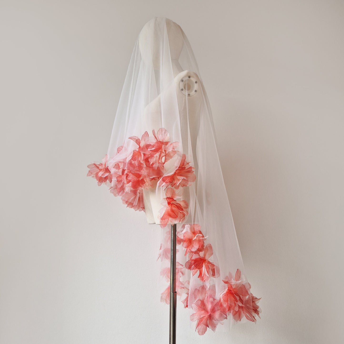 Ivory and Red Organza Fluff Flower Veil