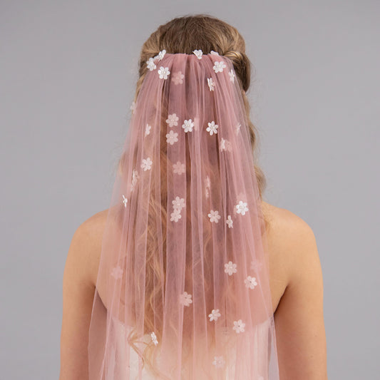Blush Pink Cascading 3D Flower Veil