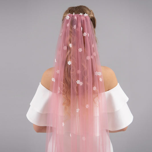 Dusty Pink Cascading 3D Flower Veil