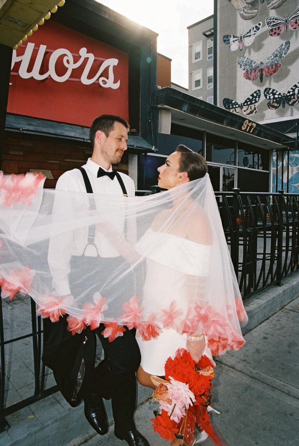 Ivory and Red Organza Fluff Flower Veil