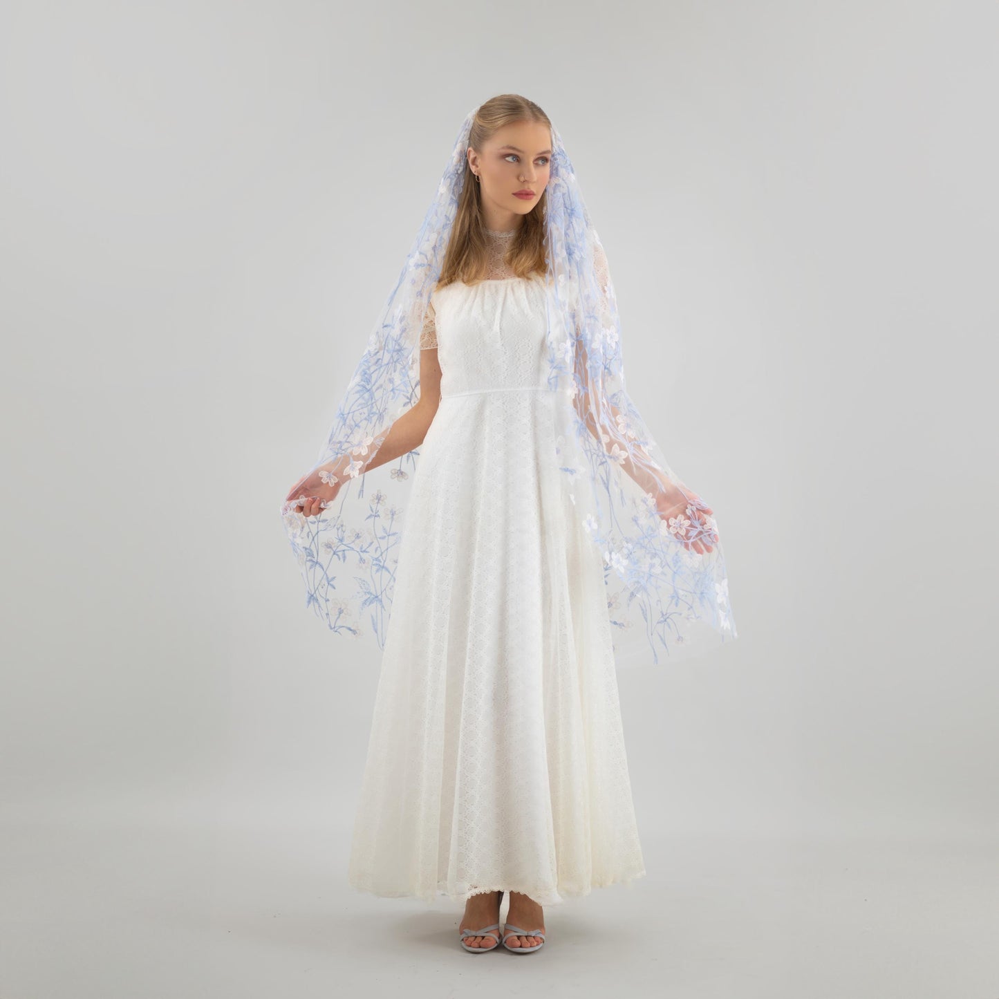 Ivory Blue Wildflower Lace Veil
