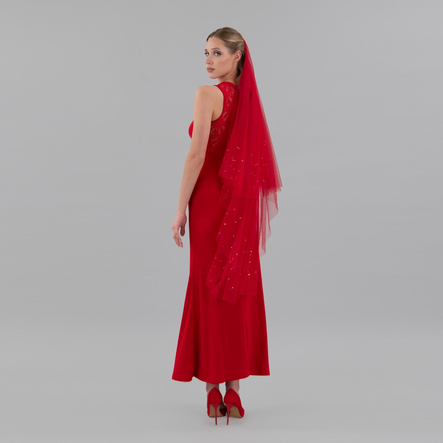 Rose Red Irridecent Rhinestone Edge Blusher Veil