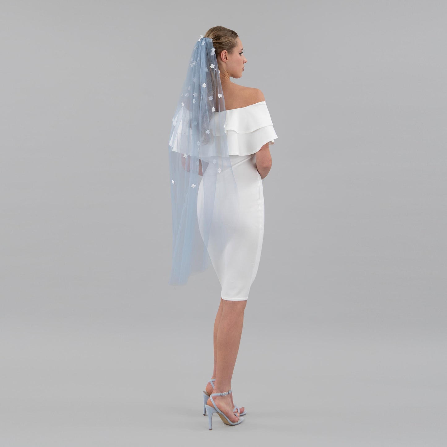 Dusty Blue Cascading 3D Flower Veil